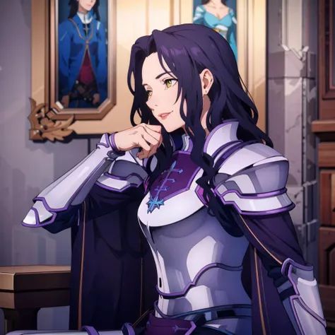 <lora:fanatioSynthesisTwo_v1:0.8> <lora:Genshin Impact:0.5> <lora:Arcane Style:0.2> a woman in armor, dark purple hair, light yellow eyes, extremely detailed CG, detailed face+eyes, realistic, detailed skin, lips, sitting on throne, hand on lap, smile, closed eyes, from side, best quality, masterpiece, absurdres,