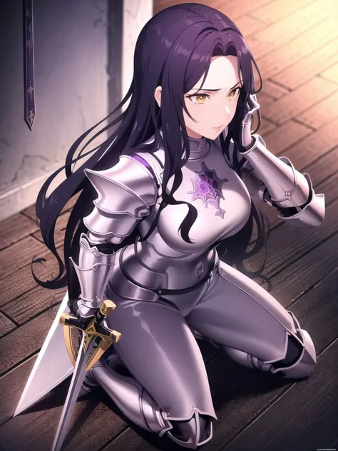 <lora:Name:0.5>
a woman in armor , dark purple hair, light yellow eyes, sword in hand, knight, kross, erotic, kneeling, church
masterpeace, best quality, (extremely detailed CG:1.4), highly detailed faces ,glowing colors