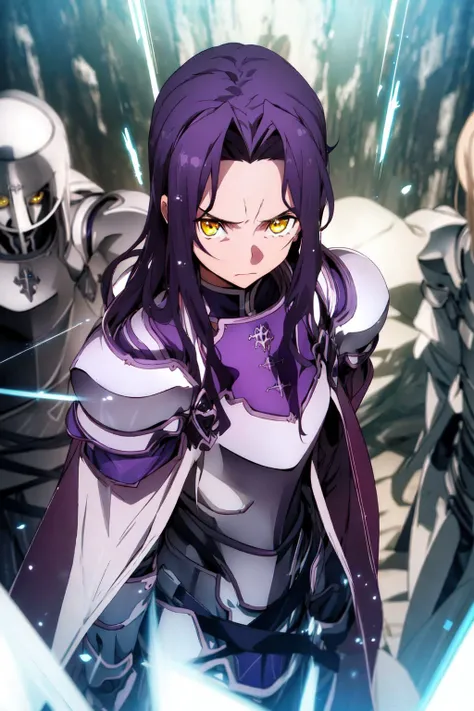with dark purple hair and light yellow eyes, beautiful eyes, a melancholy expression that stirs affection, medium breasts, floating hair, light particles, glare, vivid,fancy, dreamlike, a dim atomshpere, knight, armor, <lora:Name:0.8>