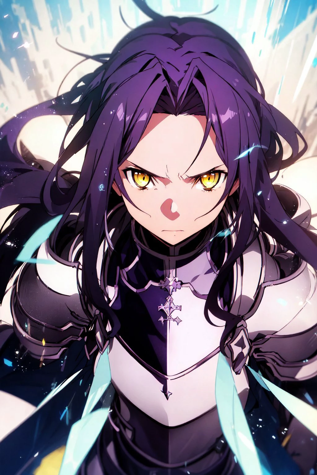 with dark purple hair and light yellow eyes, beautiful eyes, a melancholy expression that stirs affection, medium breasts, floating hair, light particles, glare, vivid,fancy, dreamlike, a dim atomshpere, knight, armor, <lora:Name:0.6>