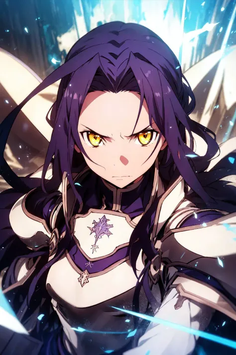 with dark purple hair and light yellow eyes, beautiful eyes, a melancholy expression that stirs affection, medium breasts, floating hair, light particles, glare, vivid,fancy, dreamlike, a dim atomshpere, knight, armor, <lora:Name:0.6>
