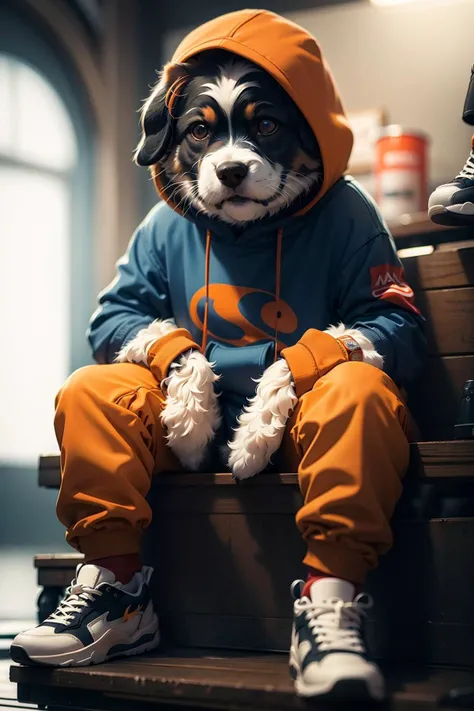 a slightly chubby young male corgi with small human blue eyes, no eyebrows, wearing a dark blue Adidas tracksuit, pull down pants white briefs, white socks , sit red chair spread legs , highly detailed, realistic, 4k, best quality, masterpiece, studio lighting, vivid colors, physically-based rendering , smile grin showing thooth