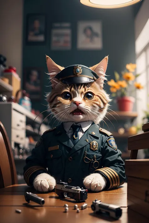 Gato de cor laranja e com olhos laranjas com uniforme militar, fumando um cigarro, pintura, extremely high quality, oil-painting, respingos de tinta.