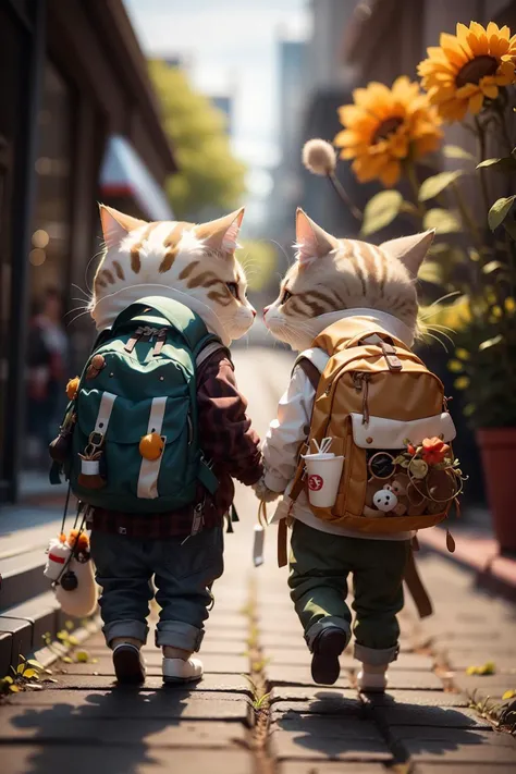 HDR,UHD,8K,Highly detailed,realistic,photo-realistic:1.37),best quality,masterpiece,<lora:catman:0.75>,maomi, backpack, bag, blurry background, blurry, outdoors, pants, from behind, walking, street