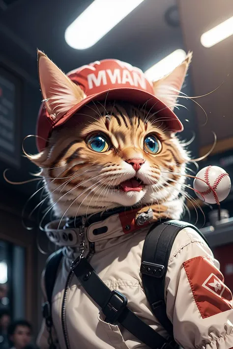 HDR,UHD,8K,Highly detailed,realistic,photo-realistic:1.37),best quality,masterpiece,<lora:catman:0.75>,maomi,lovely,blue pupil,baseball cap,mech suit,