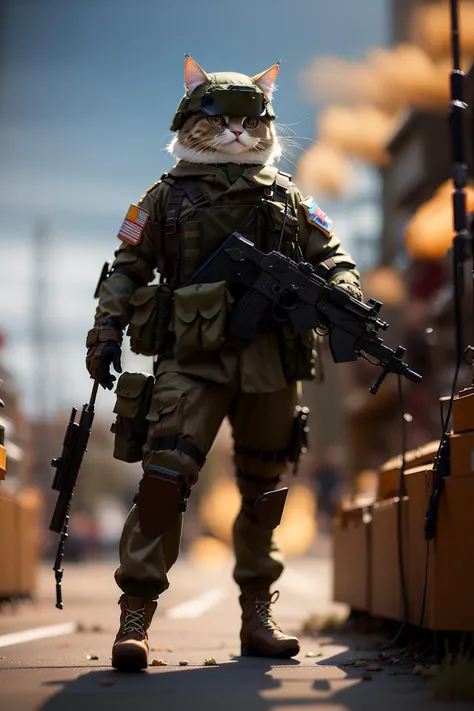 HDR,UHD,8K,Highly detailed,realistic,photo-realistic:1.37),best quality,masterpiece,<lora:catman:0.75>,maomi,standing,solo,full body,(tree heads tall)
cute,big eyes, cat eyes big pupils,holding  gun,gray cat,(in the battlefield:1.3),united states army, beautiful detailed glow,((flames of war)), <lora:soldart39:0.8>,body armor,bulletproof helmet