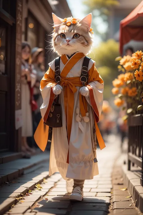 HDR,UHD,8K,Highly detailed,realistic,photo-realistic:1.37),best quality,masterpiece,<lora:catman:0.75>,maomi,lovely,hanfu,white with orange long upper shan,