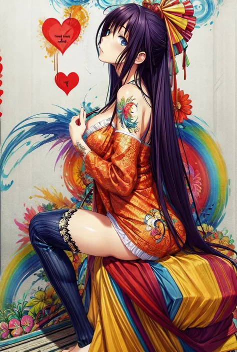 Masterpiece, best quality, (highly detailed raw photo:1. 2), 8k, 1girl, long hair, blowout, tattoo full body, graffiti wall, spread legs, heart, fish, rainbow , view body,<lora:tattobackground-07:0.5>