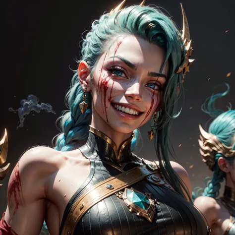 a close-up of an injured beautiful woman, upper body, solo, BREAK confindent, (injury, blood, blood on face, evil grin, evil smile:1.3),  BREAK, (simple background), large breasts, aqua hair,  1girl, solo, BREAK [<lora:lagoon_dragon_kaisa:0.6>, Lagoon dragon kaisa:7], BREAK <lora:add_detail:0.4>,, hyperdetailed intricately detailed art trending on Artstation triadic colors Unreal Engine 5 detailed , 8k resolution, deviantart masterpiece,