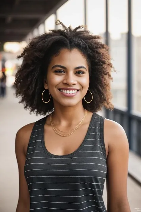 <lora:z4z13b33tz:0.9>, a Realistic photo of a z4z13b33tz woman, breasts, looking at viewer, black hair, cleavage, bare shoulders, jewelry, medium breasts, upper body, earrings, teeth, striped, dark skin, necklace, mole, grin, blurry, dark-skinned female, blurry background, tank top, mole under mouth, mole on breast, realistic, afro, soft lighting, professional Photography, Photorealistic, detailed, inside a dark Studio Room background, blurred background, RAW, analog, sharp focus, 8k, HD, DSLR, high quality, Fujifilm XT3, film grain, award winning, masterpiece