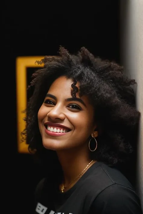 <lora:z4z13b33tz:0.9>, a Realistic photo of a z4z13b33tz woman,looking at viewer, simple background, shirt, black hair, navel, jewelry, earrings, midriff, pants, grin, arms up, t-shirt, realistic, afro, soft lighting, professional Photography, Photorealistic, detailed, inside a dark Studio Room background, blurred background, RAW, analog, sharp focus, 8k, HD, DSLR, high quality, Fujifilm XT3, film grain, award winning, masterpiece