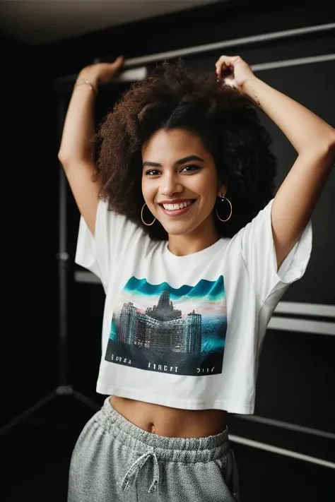 <lora:z4z13b33tz:0.9>, a Realistic photo of a z4z13b33tz woman,looking at viewer, simple background, shirt, black hair, navel, jewelry, earrings, midriff, pants, grin, arms up, t-shirt, realistic, afro, soft lighting, professional Photography, Photorealistic, detailed, inside a dark Studio Room background, blurred background, RAW, analog, sharp focus, 8k, HD, DSLR, high quality, Fujifilm XT3, film grain, award winning, masterpiece