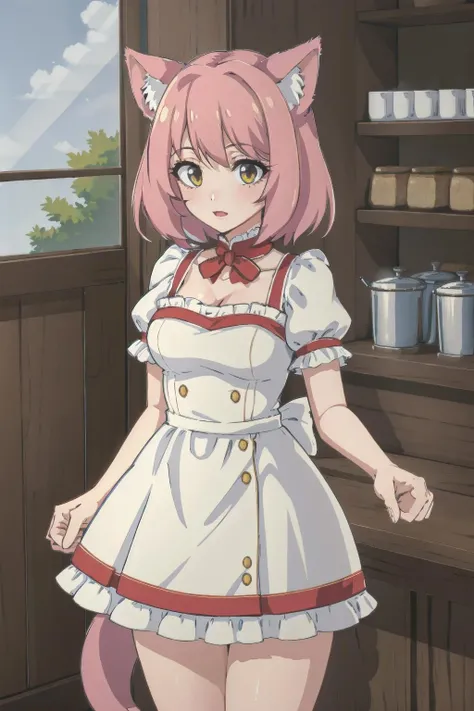 (Masterpiece:1.2), (best quality:1.2), intricate details, ultra detailed, 1girl, cat girl, cat ears, frilled dress, tavern, indoors, <lora:ZeroSoftStyleMix-v1.0:1.0>