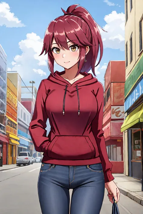 (Masterpiece:1.2), (best quality:1.2), intricate details, ultra detailed, 1girl, <lora:ZeroSoftStyleMix-v1.0:0.7>, solo, ponytail, sidelocks, hoodie, jeans, outdoors, city,