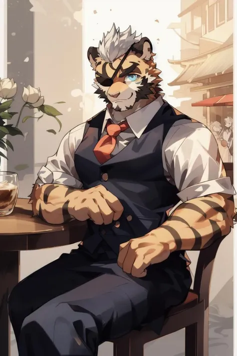 ChenHu, solo, tiger, (light orange fur), blue eyes, (white hair, short hair), (black eye patch, cover one eye, cover right eye), (detailed face, detailed eyes, detailed), mature male, muscular male, masterpiece, best quality,  sitting, cafe, tokyo, jean, vest, tie, sitting,  <lora:Chen Hu:1>