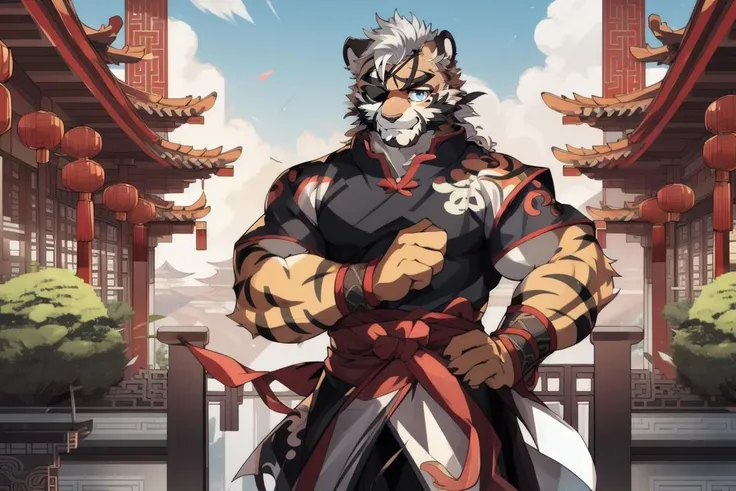 ChenHu, solo, tiger, (light orange fur), blue eyes, (white hair, short hair), (black eye patch, cover one eye, cover right eye), (detailed face, detailed eyes, detailed), mature male, muscular male, masterpiece, best quality,  standing, city, chinese, chinese clothes, standing, <lora:Chen Hu:1>