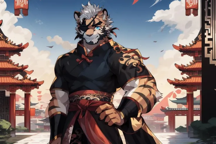 ChenHu, solo, tiger, (light orange fur), blue eyes, (white hair, short hair), (black eye patch, cover one eye, cover right eye), (detailed face, detailed eyes, detailed), mature male, muscular male, masterpiece, best quality,  standing, city, chinese, chinese clothes, standing, <lora:Chen Hu:1>