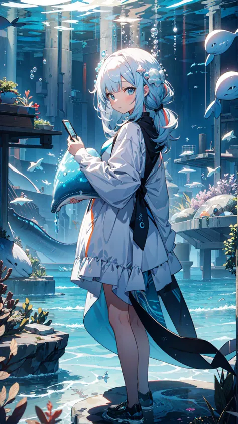 ((best quality)), ((masterpiece)), 1girl, whale, under the sea, full body, rainbow bubbles, foams, sea creatures