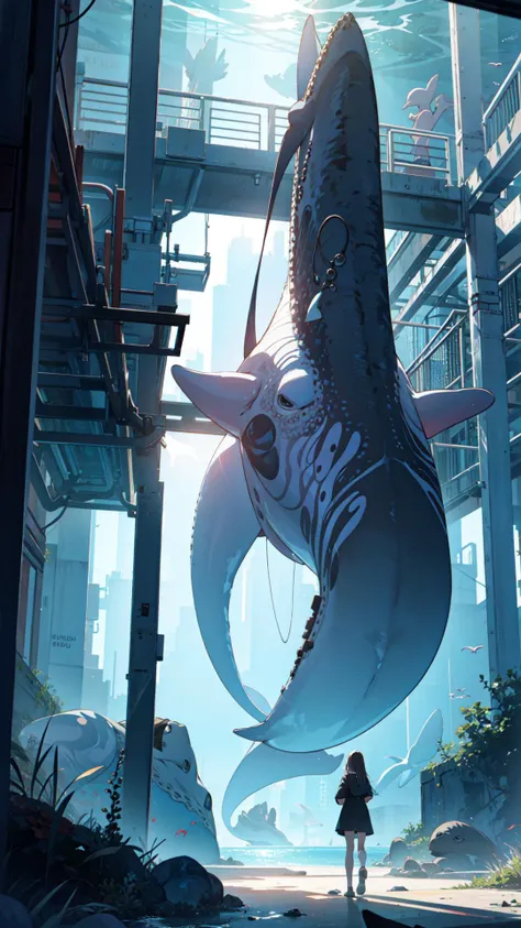 ((best quality)), ((masterpiece)), 1girl, whale, octopus, backlite, raw photo, underwater scenery