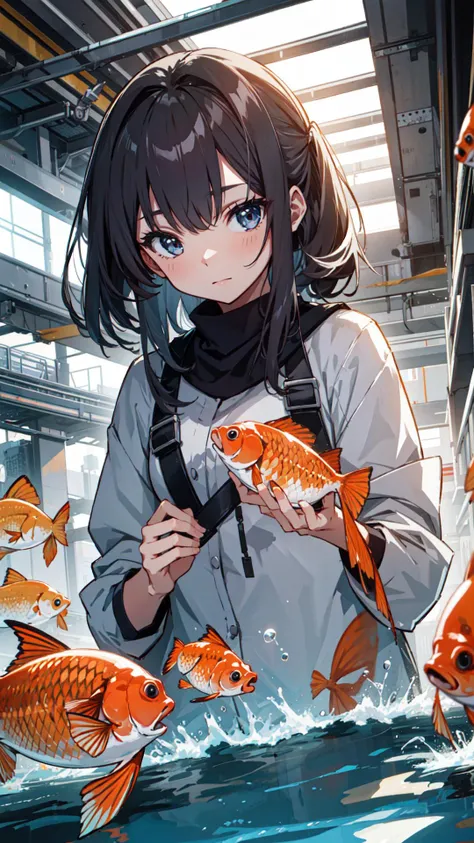 ((best quality)), ((masterpiece)), 1girl, Goldfish, water