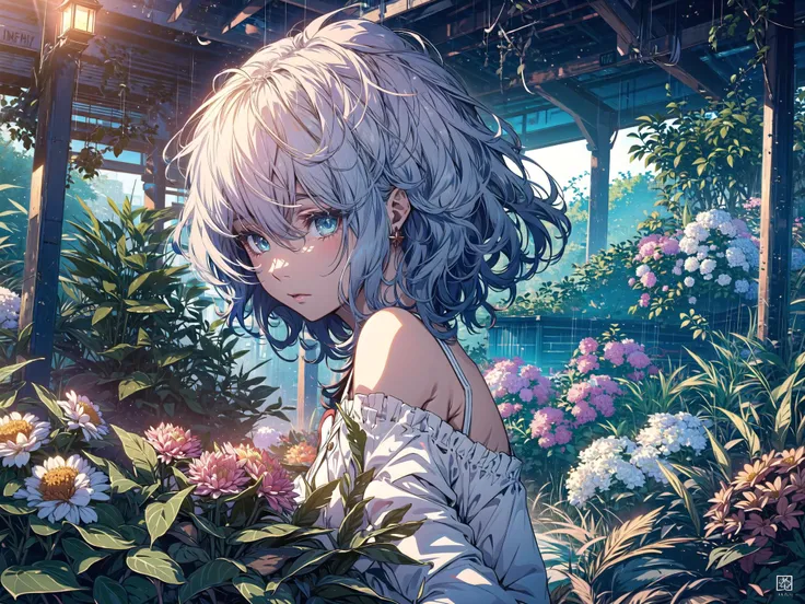 sea of flowers,many of flowers,fansty world,masterpiece,best quality,official art,extremely detailed CG unity 8k wallpaper,1girl, looked at the other's face,kissing,
solo, veil, disdain,(disgust),transparent head curtain,blue eyes, looking at viewer, hair between eyes, full body, bangs, closed mouth, shirt, frills, bare shoulders, blue hair, short hair, white shirt, off shoulder, see-through, jewelry, breasts, buttons, sleeveless, grey hair, crossed bangs, eyelashes, detached sleeves, expressionless,The Garden of Words ,<lora:The Garden of Words_20230619154444-000017:0.5> <lora:光影1686575194392SLS:0.5> <lora:fansty world-000020:0.5> <lora:BG2_dpep4+silicon29dim64:0.5>