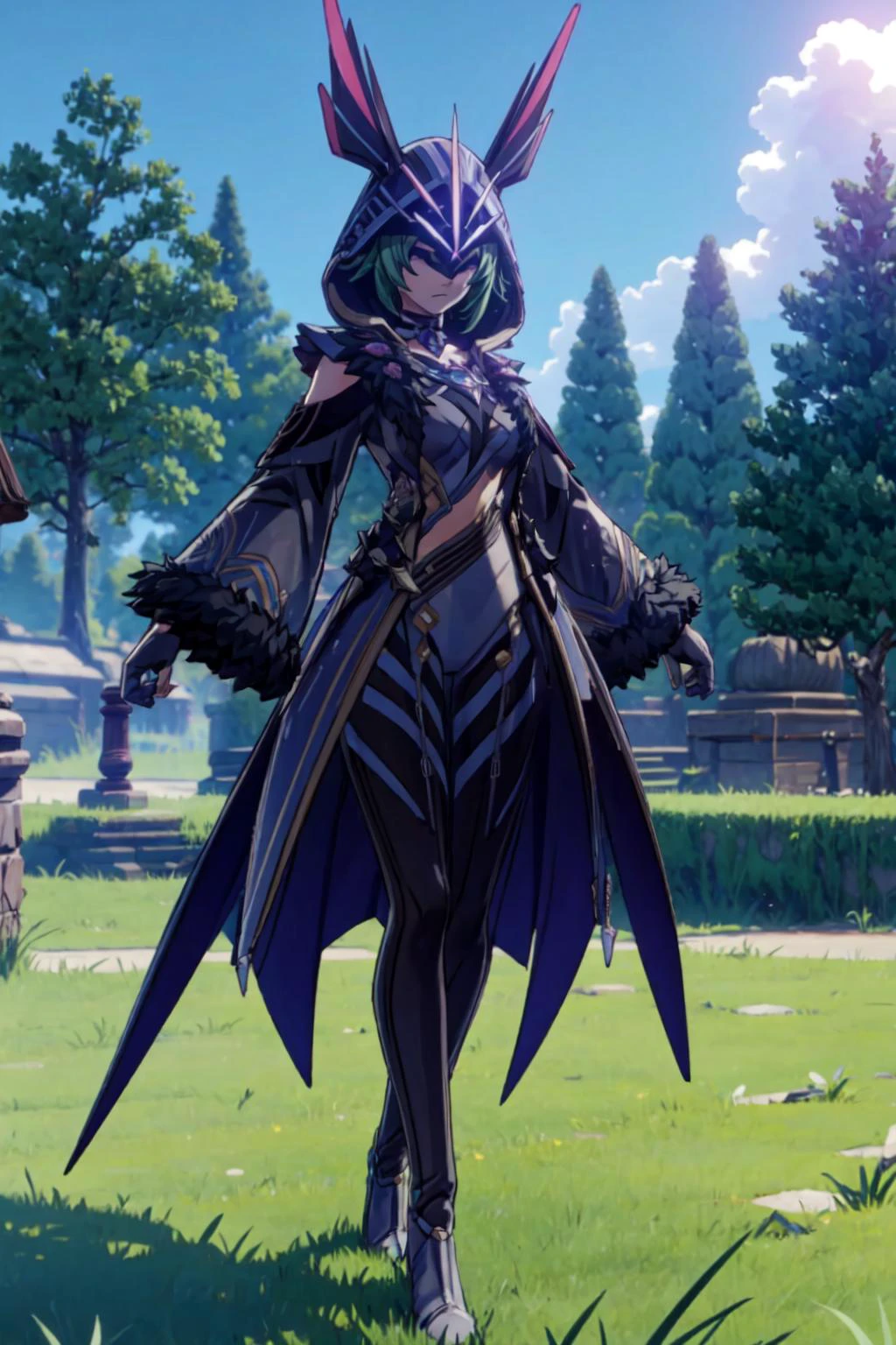 1girl, solo, <lora:Electro_Cicin:0.8>, Electro_Cicin, outdoors, grass, trees, <lora:add_detail:0.7>, dynamic pose,