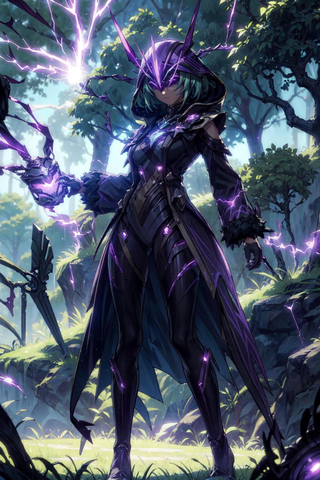 1girl, solo, <lora:Electro_Cicin:0.7>, Electro_Cicin, mask, outdoors, grass, trees, <lora:add_detail:0.7>, dynamic pose, <lora:Concept - Electromancer_v1.1:0.4>, thunder-hand, thunder-aura, purple electricity, lightning,