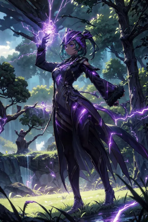 1girl, solo,  <lora:Electro_Cicin:0.7>, Electro_Cicin, outdoors, grass, trees, <lora:add_detail:0.7>, dynamic pose,  <lora:Concept - Electromancer_v1.1:0.4>, thunder-hand, thunder-aura, purple electricity, lightning,