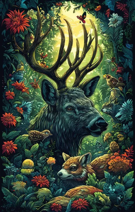 masterpiece,best quality,<lora:tbh160-sdxl:0.9>,illustration,style of Dan Mumford, animals