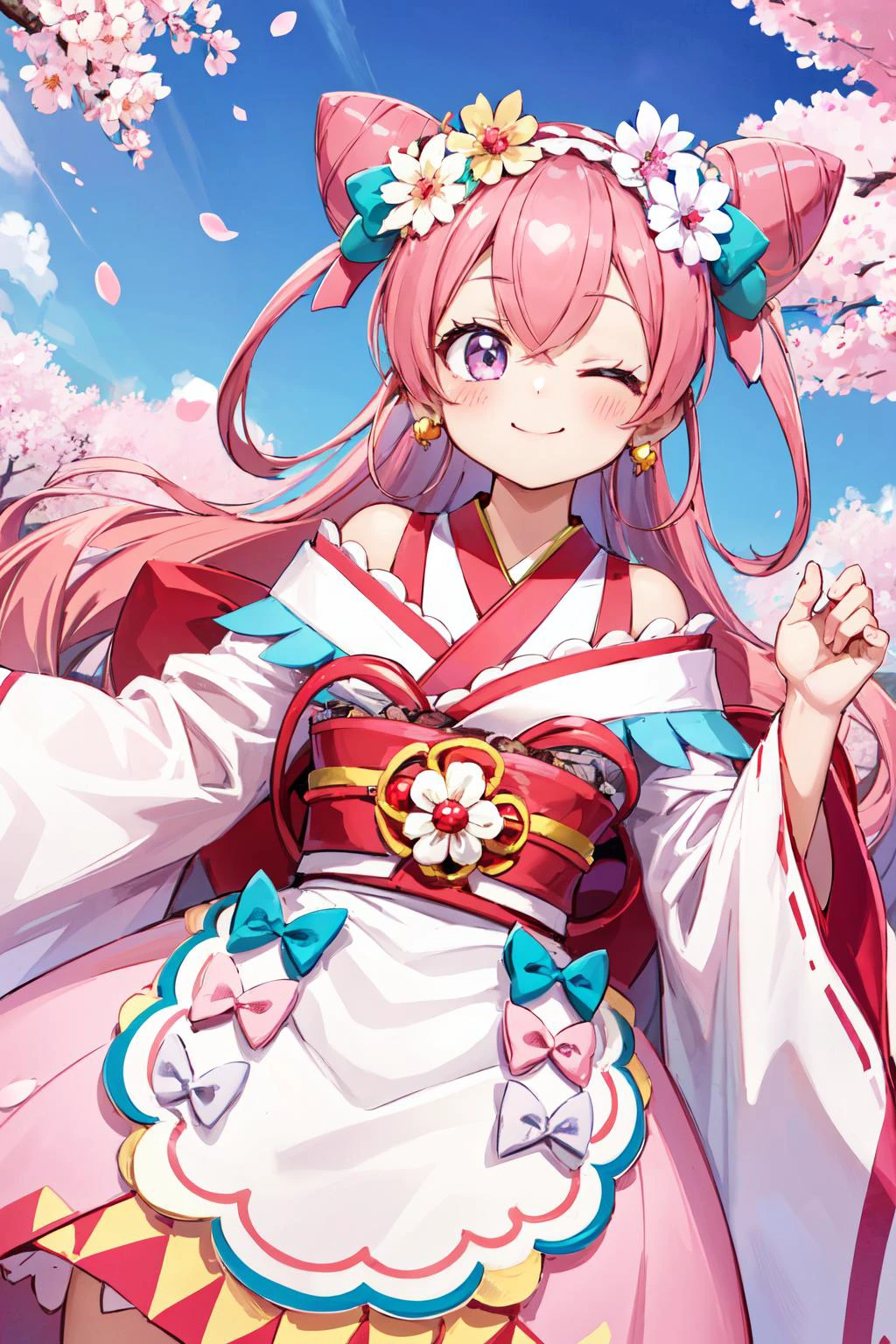 masterpiece,best quality,1girl,cure precious,two side up,cone hair bun,large hair ribbon,heart brooch,waist apron,earrings,hair flower,kimono,pink japanese clothes,standing,smile,one eye closed,(cherry blossoms),outdoors,(dutch angle),<lora:Concept-control tool-add_detail-CyberAIchemist:0.3>,<lora:locon_cure_precious_03:0.9>,