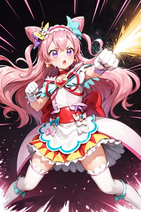 masterpiece,best quality,1girl,cure precious,two side up,cone hair bun,large hair ribbon,hairband,heart brooch,waist apron,white gloves,white boots,earrings,(serious,:o),fighting stance,action pose,attack,incoming attack,punching,(motion lines,motion blur),blast wave,shockwave,blast,energy glowing,<lora:Concept-control tool-add_detail-CyberAIchemist:0.8>,<lora:locon_cure_precious_03:0.9>,