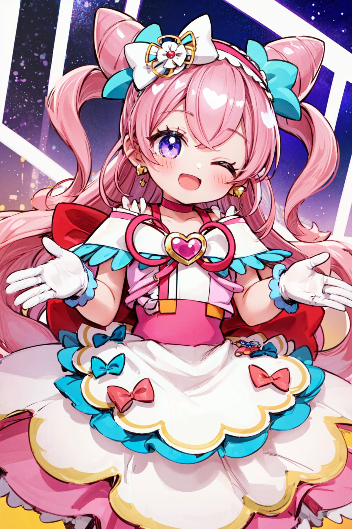 masterpiece,best quality,1girl,cure precious,two side up,cone hair bun,large hair ribbon,hairband,heart brooch,waist apron,white gloves,earrings,smile,open mouth,(one eye closed:0.8),spread arms,multicolored background,dutch angle,<lora:locon_cure_precious_03:0.9>,<lora:Concept-control tool-add_detail-CyberAIchemist:0.8>,