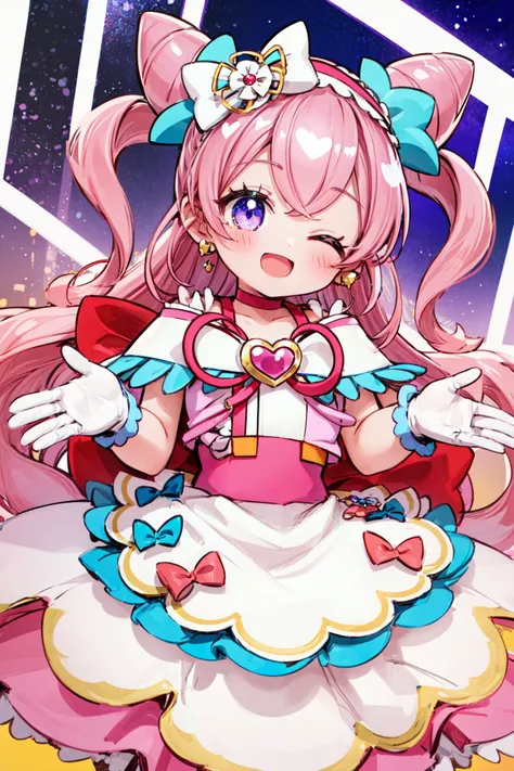 masterpiece,best quality,1girl,cure precious,two side up,cone hair bun,large hair ribbon,hairband,heart brooch,waist apron,white gloves,earrings,smile,open mouth,(one eye closed:0.8),spread arms,multicolored background,dutch angle,<lora:locon_cure_precious_03:0.9>,<lora:Concept-control tool-add_detail-CyberAIchemist:0.8>,