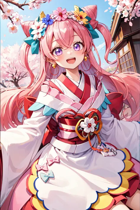 masterpiece,best quality,1girl,cure precious,two side up,cone hair bun,large hair ribbon,heart brooch,waist apron,earrings,hair flower,kimono,pink japanese clothes,smile,open mouth,(cherry blossoms),dutch angle,<lora:Concept-control tool-add_detail-CyberAIchemist:0.3>,<lora:locon_cure_precious_03:0.9>,