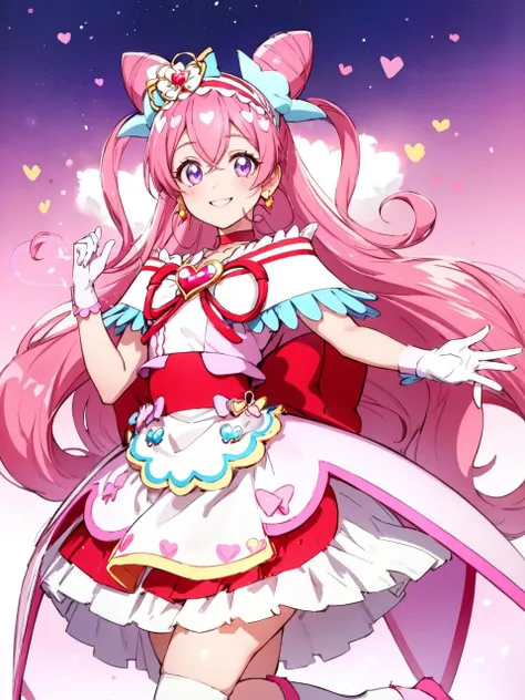 masterpiece, best quality, looking at viewer, depth of field, full body,
1girl, <lora:locon_cure_precious_03:0.85>, cure precious, two side up, cone hair bun, large hair ribbon, hairband, heart brooch, waist apron, white gloves, white boots, earrings,
smile, (gradient background), lens flare,