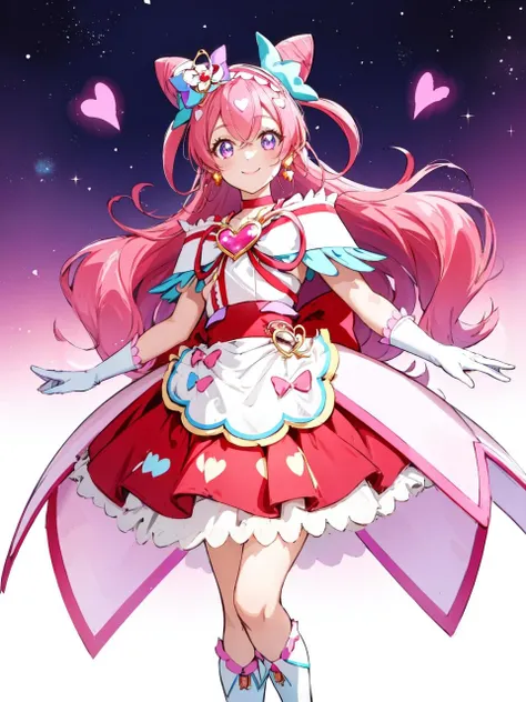 masterpiece, best quality, looking at viewer, depth of field, full body,
1girl, <lora:locon_cure_precious_03:0.85>, cure precious, two side up, cone hair bun, large hair ribbon, hairband, heart brooch, waist apron, white gloves, white boots, earrings,
smile, (gradient background), lens flare,