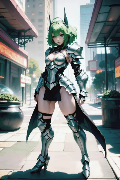 anime style, digital painting, 1girl, woman, dark knight, armor, bombshell hair, matte green hair, swept bangs,Slicked Back Hair, muscular , muscular  , narrow waist, , caucasian, (ghostly,indescribable scifi metropolis outside of reality:1)<lora:EnvyBeautyXL07:1>