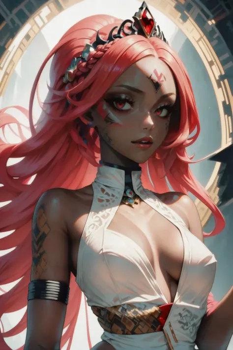 anime style, digital painting, 1girl, woman, malevolent goddess, (very high collar:1.3),(huge opulent crown:1.3),(intricate tattoos:1.3), bombshell hair, red hair, bob cut,Basket Weave Braid, toned body, athletic build, narrow waist, wide , small , (african, dark skin:0.6)<lora:EnvyBeautyXL07:1>