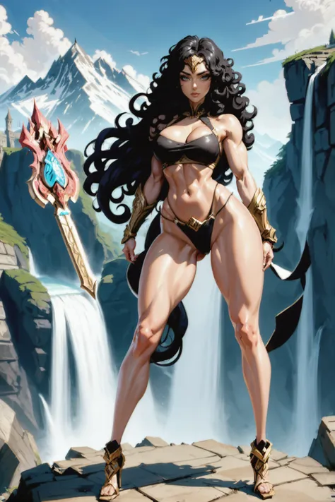 anime style, digital painting, 1girl, woman, mountain paladin, bombshell hair, deep black hair, Cascading Curls,very long hair, muscular , muscular  , narrow waist, abs, , caucasian<lora:EnvyBeautyXL07:1>