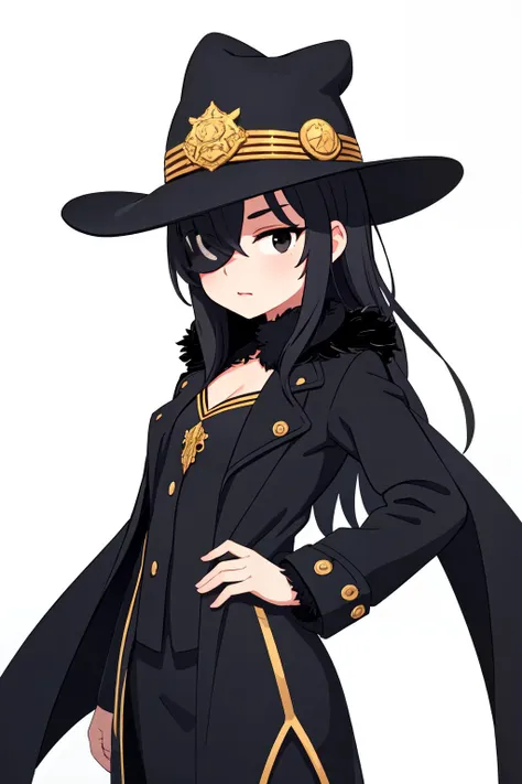 white background, cowboy shot,1girl, detective, black hat , hair over one eye,black coat, white fur, gold trim, black eyes, long hair,black eyes,