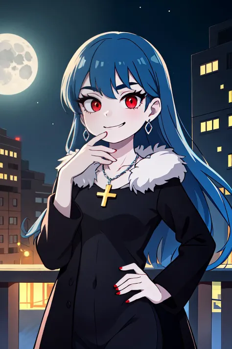 1girl, pale skin, red eyes, long eyelashes, red eyeliner, black eyeshadow,blue hair, messy hair, very long hair, hand on own chin, smug, smirk,velvet coat, white fur, one arm on own hip, black shirt, cross necklace, gem earring,BREAK outdoors, moonlight, moon, city,
