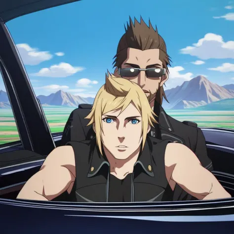 ffxv style, multiple boys, 2boys, blonde hair, male focus, motor vehicle, driving, ground vehicle, car, gloves, brown hair, mountain, jacket, sky, car interior, glasses, sunglasses, black jacket, day, outdoors, cloud, facial hair, sleeveless, parted lips, blue eyes, anime coloring, 2d, flat coloring, cel shading, cel shaded, score_9, score_8_up, score_7_up, score_6_up, score_5_up, score_4_up