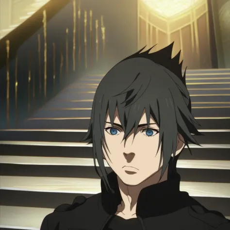 ffxv style, 1boy, male focus, black hair, solo, black eyes, upper body, jacket, black jacket, blue eyes, hair between eyes, stairs, anime coloring, 2d, flat coloring, cel shading, cel shaded, score_9, score_8_up, score_7_up, score_6_up, score_5_up, score_4_up