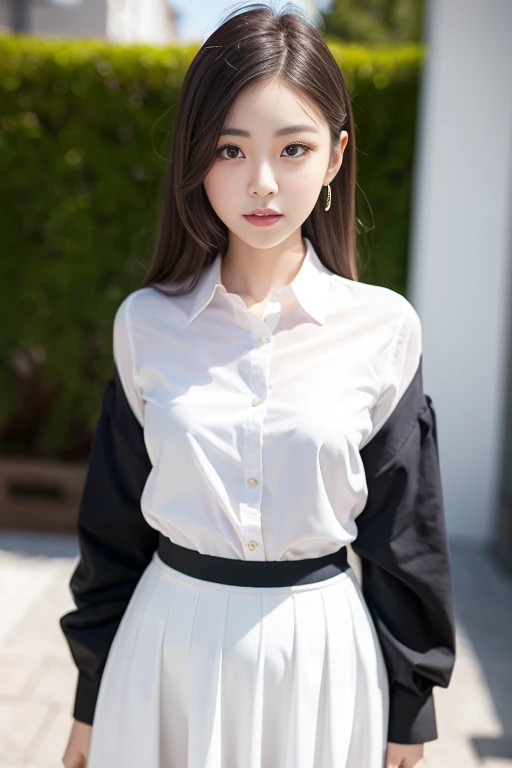 (ulzzang-6500-v1.1:0.8), best quality, ultra high res, (photorealistic:1.4), cinema light, depth of field ,beautiful face, (PureErosFace_V1:0.3),an extremely delicate and beautiful, extremely detailed ,CG ,unity ,8k wallpaper, Amazing, finely detail, masterpiece,best quality, best quality, 1girl, beautiful detailed girl, extremely detailed eyes and face, beautiful detailed eyes,(small hips:1.3), (small breast:0.3),((white collared shirt)),((white skirt)),((delicate skirt)),((delicate shirt)),
<lora:japeneseteacherv1.1:1>,japeneseteacher