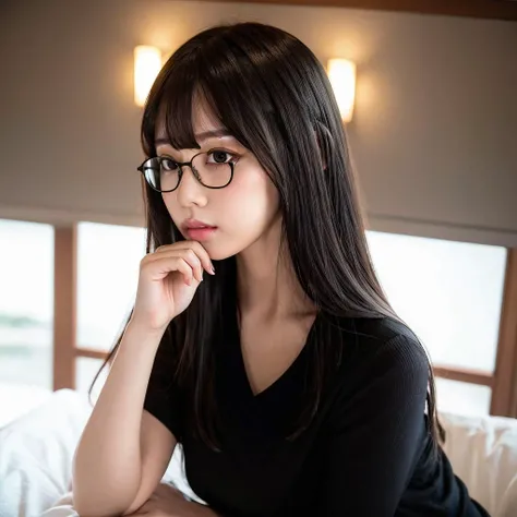 masterpiece, best quality, (dark photo:1.3), photorealistic, 1girl, profile face, flat bangs, bobo hair, stunning innocent symmetry face, shirt, emotional, ulzzang, (PureErosFace_V1:0.7)<lora:Sophon:0.8>,japeneseteacher, mature,sexy,sexy pose,middle breasts,glasses,nsfw