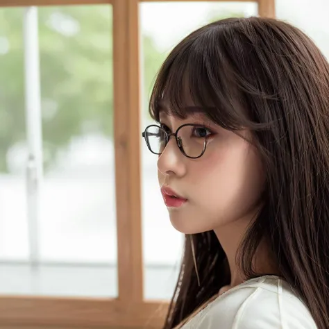 masterpiece, best quality, (dark photo:1.3), photorealistic, 1girl, profile face, flat bangs, bobo hair, stunning innocent symmetry face, shirt, emotional, ulzzang, (PureErosFace_V1:0.7)<lora:Sophon:0.8>,japeneseteacher, mature,sexy,sexy pose,middle breasts,glasses,nsfw