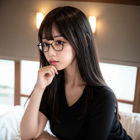 masterpiece, best quality, (dark photo:1.3), photorealistic, 1girl, profile face, flat bangs, bobo hair, stunning innocent symmetry face, shirt, emotional, ulzzang, (PureErosFace_V1:0.7)<lora:Sophon:0.8>,japeneseteacher, mature,sexy,sexy pose,middle breasts,glasses,nsfw