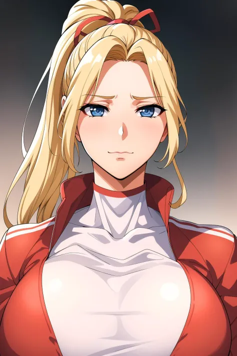 Simple White Background,
red jacket,long_sleeves,red_long_pants,track_suit,white tank top,
<lora:Asuka_Okita-V1:0.7>,
(blonde_hair),Bangs,high ponytail,Blue_hair_ribbon,Blue_eyes,
<lora:Oda_Non_Style-KK77-V2:0.3>,<lora:more_details:0.1>,
1 girl, 20yo,Young female,Beautiful Finger,Beautiful long legs,Beautiful body,Beautiful Nose,Beautiful character design, perfect eyes, perfect face,expressive eyes,perfect balance,
looking at viewer,(Focus on her face),closed mouth, (innocent_big_eyes:1.0),(Light_Smile:0.3),
official art,extremely detailed CG unity 8k wallpaper, perfect lighting,Colorful, Bright_Front_face_Lighting,White skin,
(masterpiece:1.0),(best_quality:1.0), ultra high res,4K,ultra-detailed,
photography, 8K, HDR, highres, absurdres:1.2, Kodak portra 400, film grain, blurry background, bokeh:1.2, lens flare, (vibrant_color:1.2),professional photograph,
(Beautiful,large_Breasts:1.4), (beautiful_face:1.5),(narrow_waist),