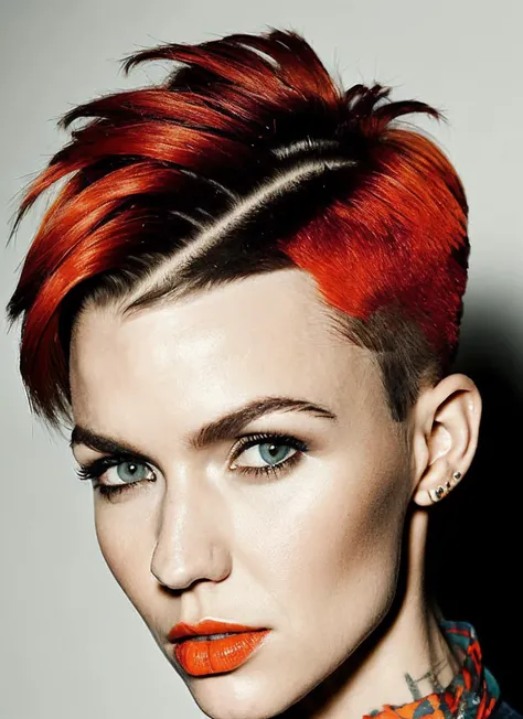analog style, modelshoot style, portrait of sks woman by Flora Borsi, style by Flora Borsi, bold, bright colours, orange Mohawk haircut, ((Flora Borsi)), <lora:locon_ruby_v1_from_v1_64_32:1.3>