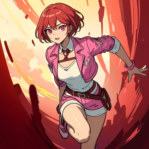 ((mature female, masterpiece, mistress, goddess)),((masterpiece: 1.2)),ultra-detailed, ultra high res, high quality, 4K, solo, 1girl,extreamly delicate and beautiful,illustration,masterpiece,(illustration),(highres),short hair,fullbody,short dark magenta hair and dark pink eyes. hot pink-and-white half-sleeve jacket , a short darker pink jumpsuit with a partially white collar underneath,pink shorts ,a white belt with a light pink buckle, and high-heeled white boots.